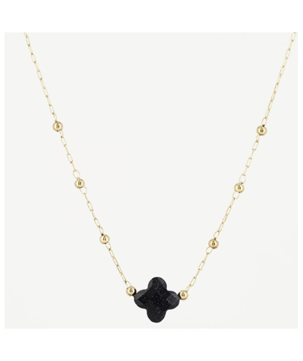 collier ZAG acier doré avec nue pierre naturele trèfle onix