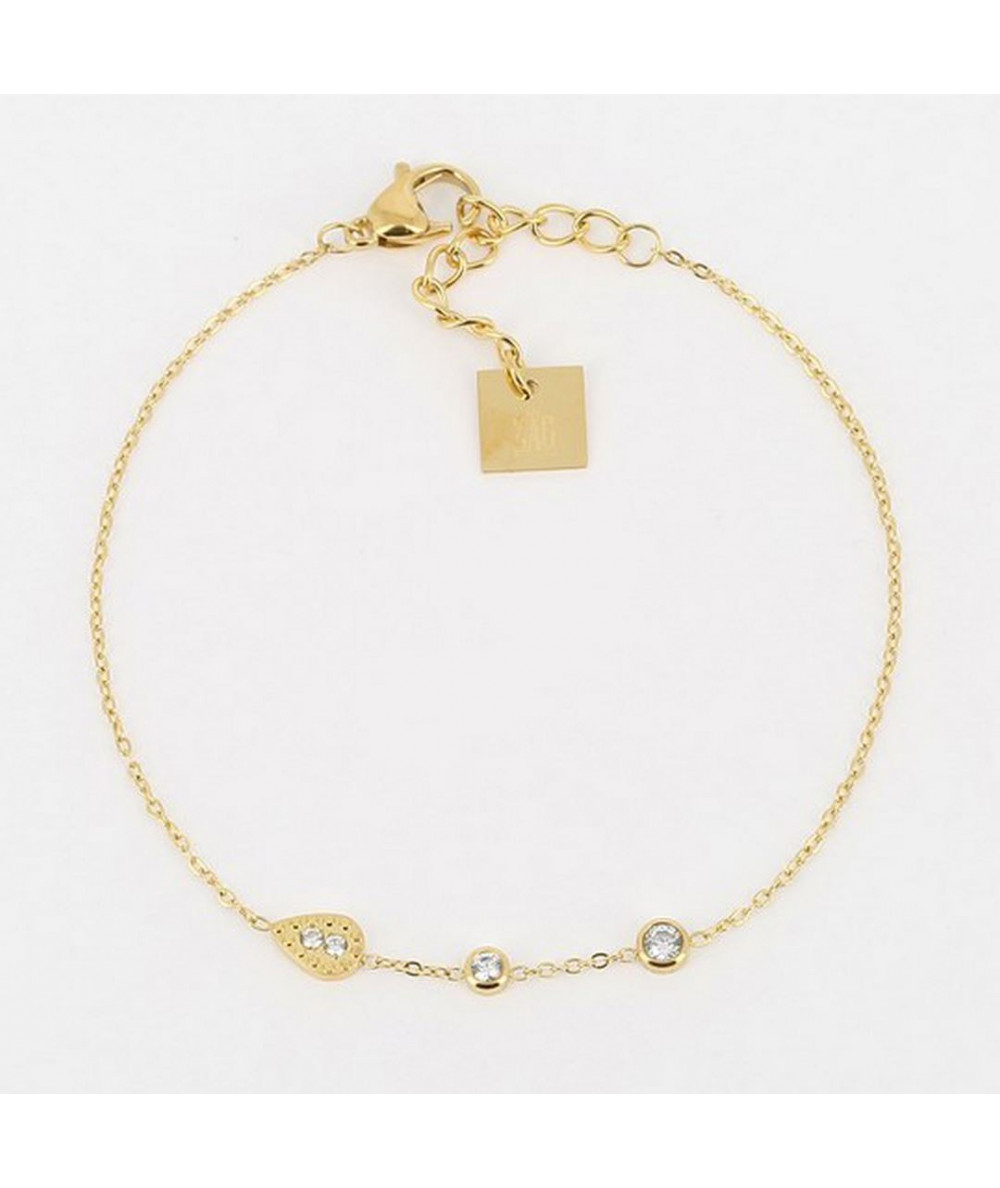bracelet zag acier doré avec motif poire et 2 zirconiums