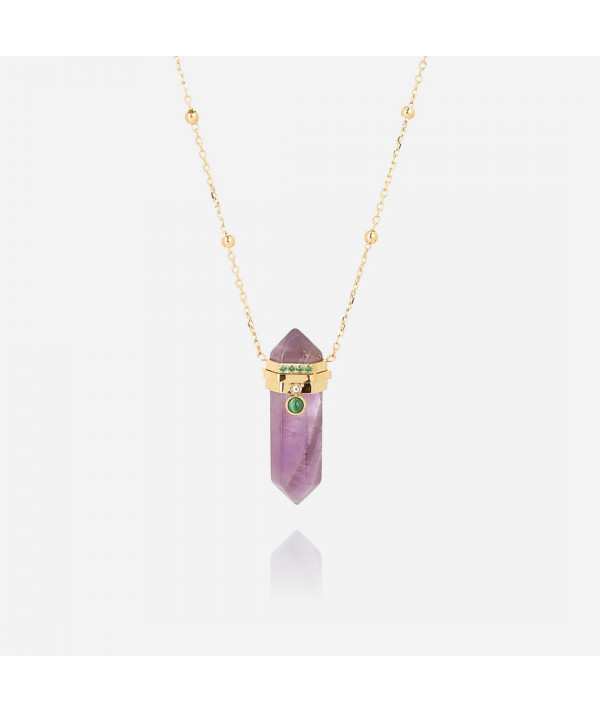 pendentif avec chaine acier doré avec pierre taillée amethyste ,quartz fumé, cristal tranparent joly-Pottuz Megève