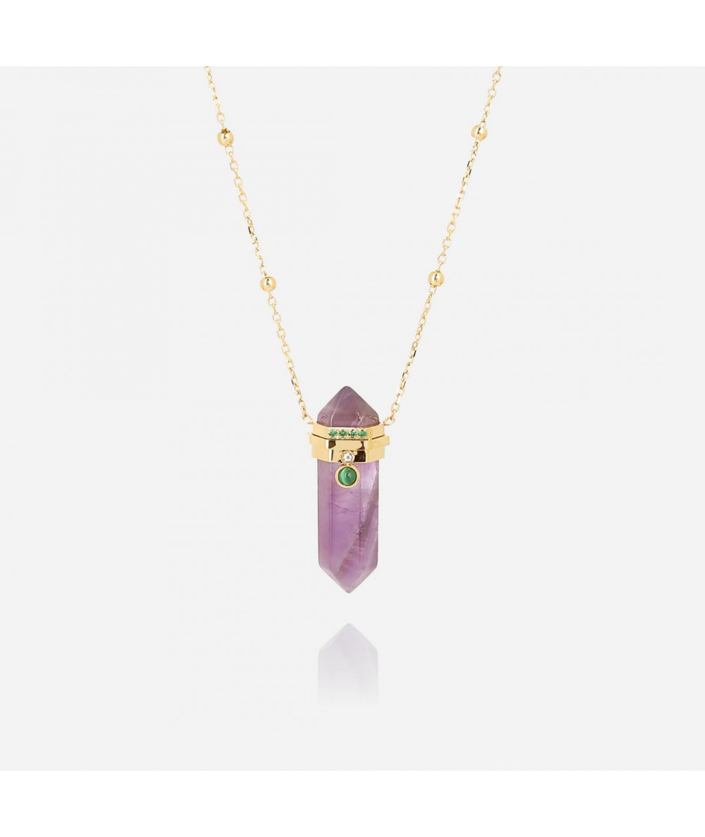 pendentif avec chaine acier doré avec pierre taillée amethyste ,quartz fumé, cristal tranparent joly-Pottuz Megève