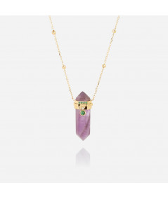 pendentif avec chaine acier doré avec pierre taillée amethyste ,quartz fumé, cristal tranparent joly-Pottuz Megève