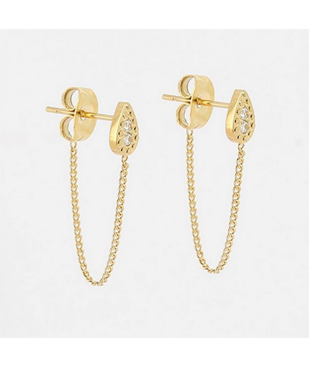 Boucles d’oreilles chaînettes en acier doré à l’or fin formées de motifs gouttes sertis de zirconiums brillants