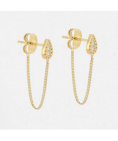 Boucles d’oreilles chaînettes en acier doré à l’or fin formées de motifs gouttes sertis de zirconiums brillants
