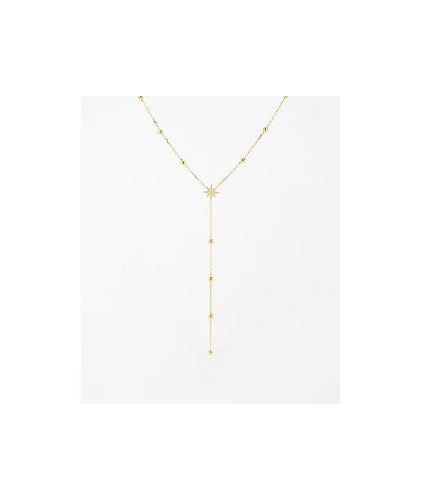 collier long avec mini boules acier doré et une é toile du nord avec zirconium