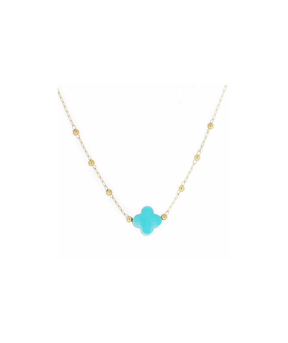 collier ZAG acier doré avec nue pierre naturele trèfle