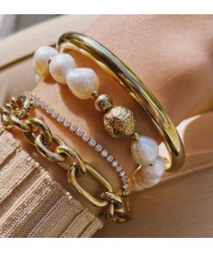 bracelet acier  doré  avec perles baroques eau douce