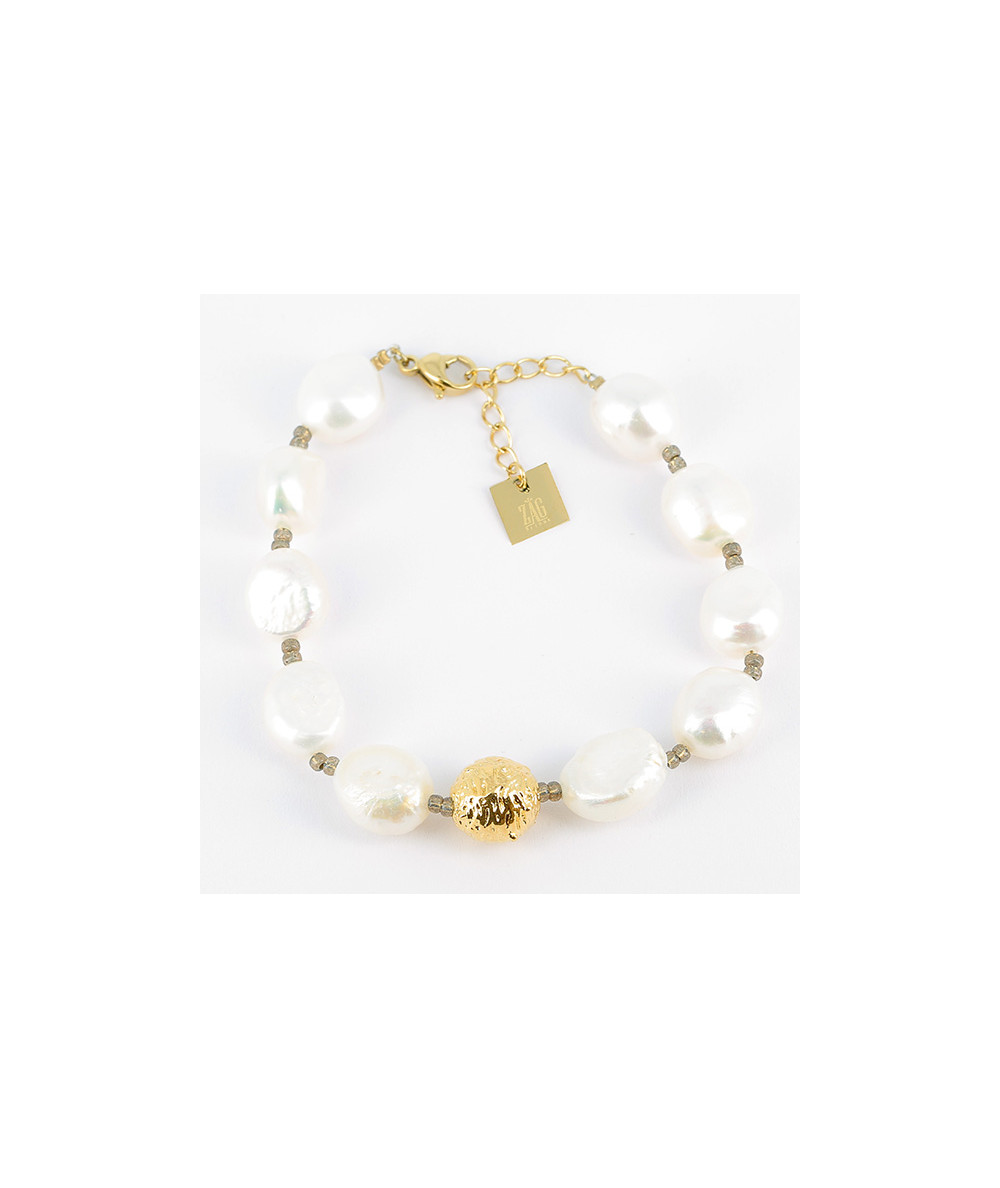 bracelet acier  doré  avec perles baroques eau douce