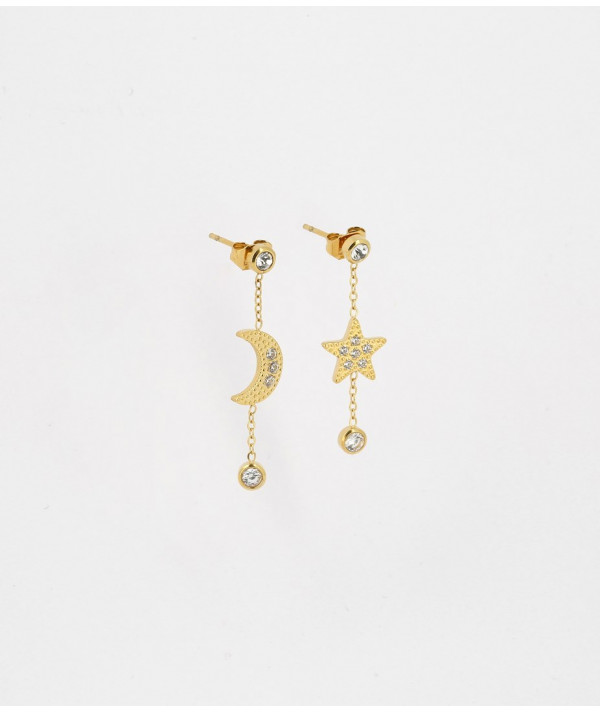 boucles d'oreilles avec un motif lune et étoile en acier doré