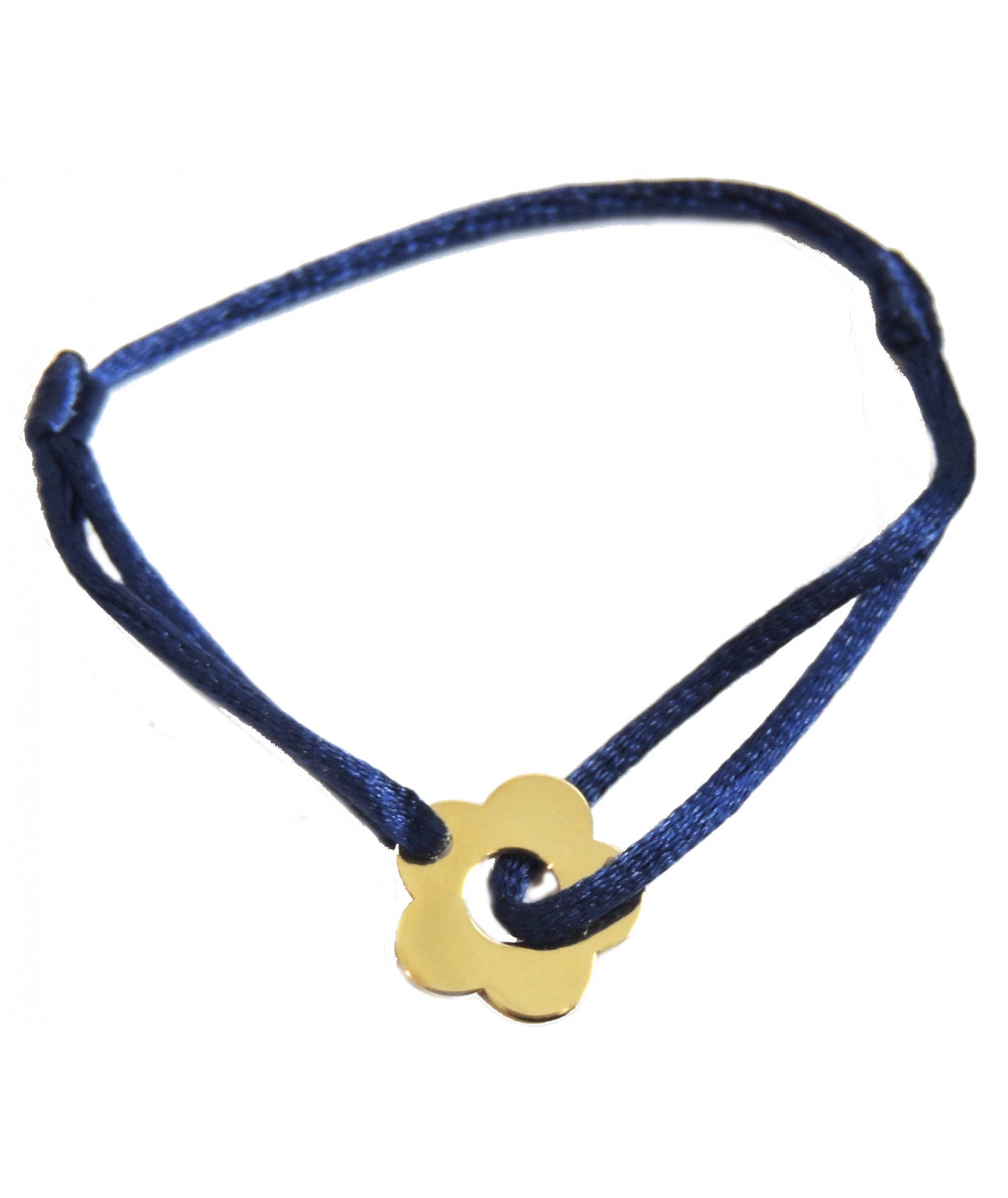 fleur or jaune 750 sur cordon satin bleu