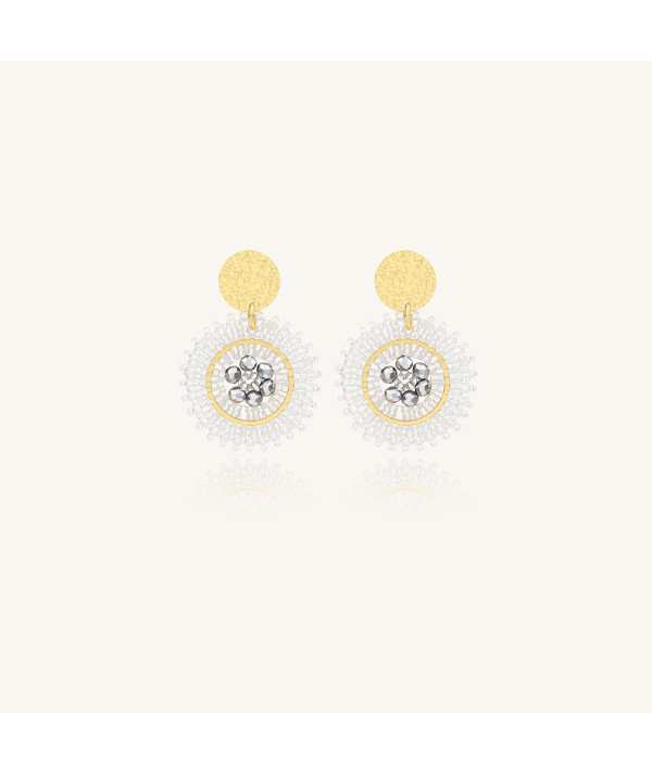 Boucles d'oreilles tissées avec un fil tranparent,perles et cristaux colorés