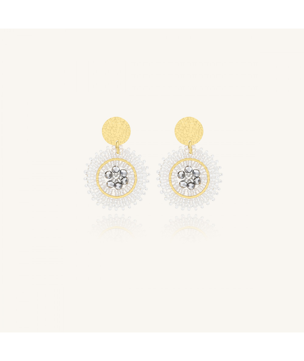 Boucles d'oreilles tissées avec un fil tranparent,perles et cristaux colorés