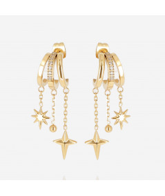Boucles multi créoles avec chainettes qui se terminent par des motifs étoiles et boules