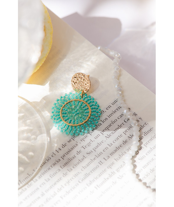 Boucles d'oreilles tissées avec un fil tranparent,perles et cristaux colorés