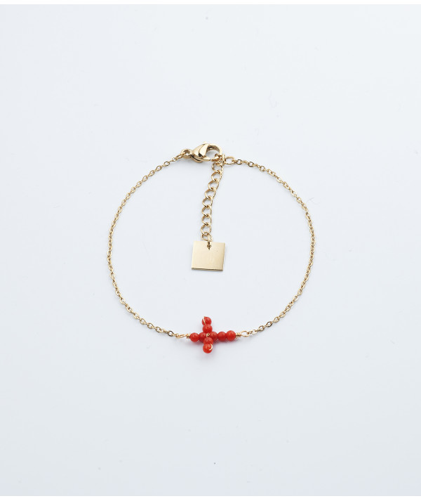 Bracelet Croix Corail acier doré