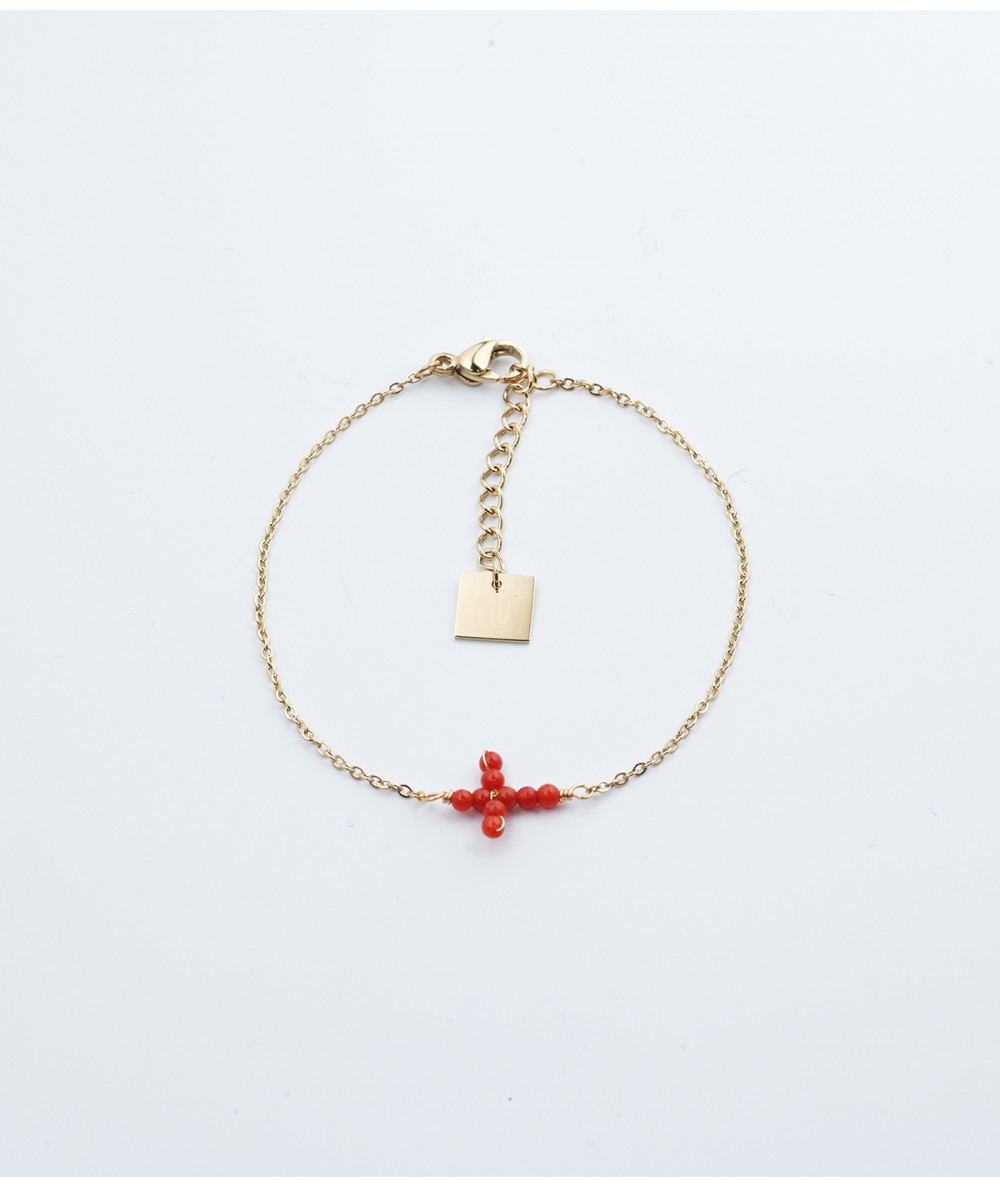 Bracelet Croix Corail acier doré