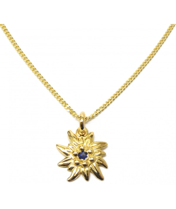 Pendentif Edlweiss 1.5 cm Or et Pierre saphir  chaine joly-pottuz bijoutier Megève