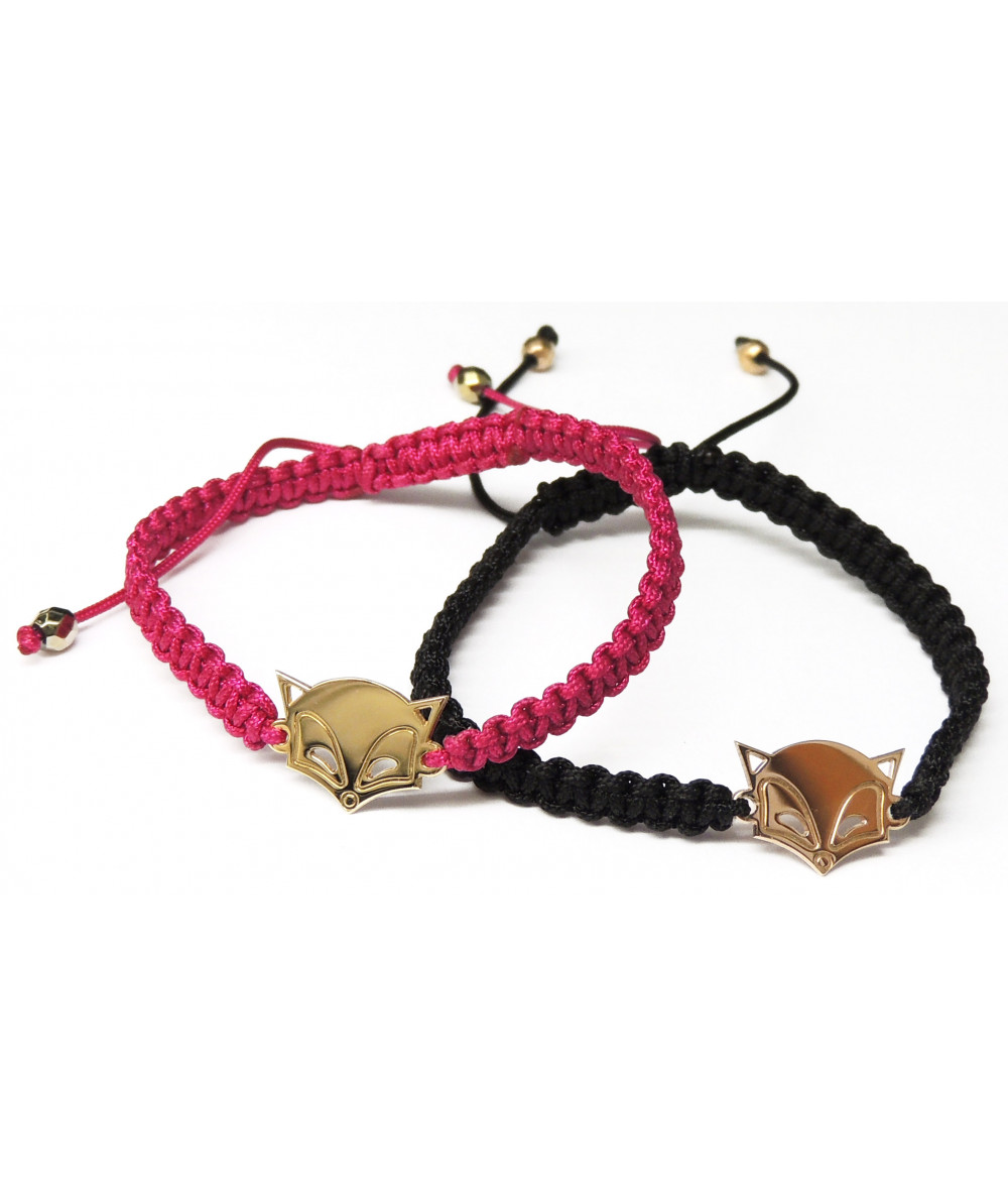 Bracelet avec motif renard en or jaune ou blanc sur cordon tressé //Joly-Pottuz//Megève//
