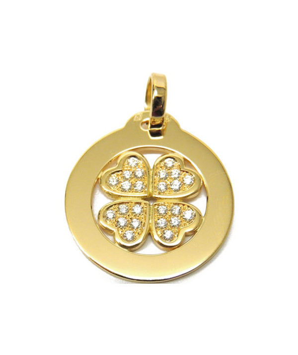 Pendentif Trèfle en or jaune 750 et coeurs  pavés Diamants