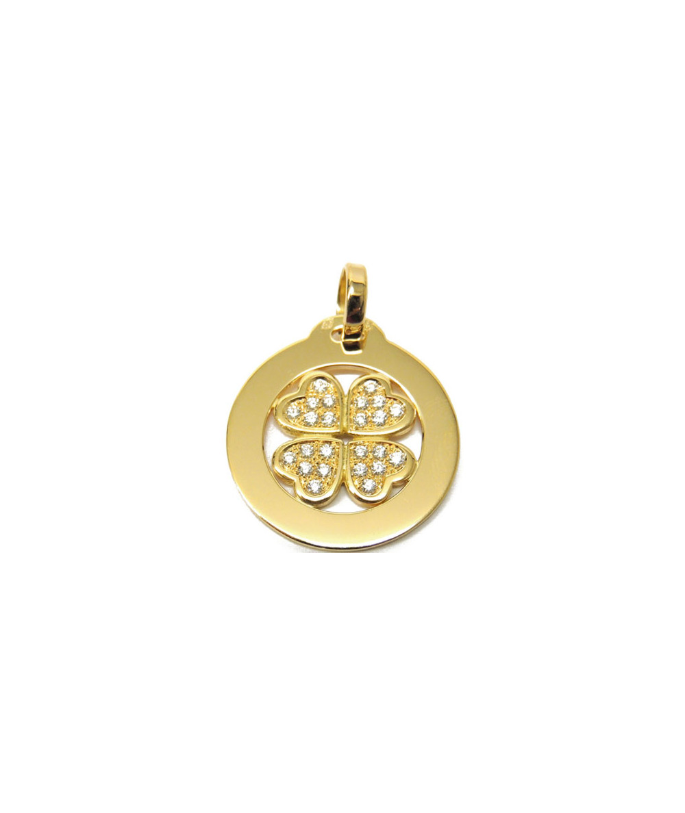 Pendentif Trèfle en or jaune 750 et coeurs  pavés Diamants