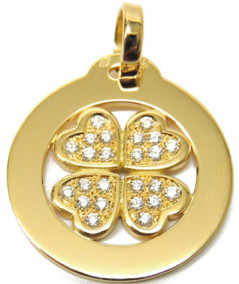Pendentif Trèfle en or jaune 750 et coeurs  pavés Diamants