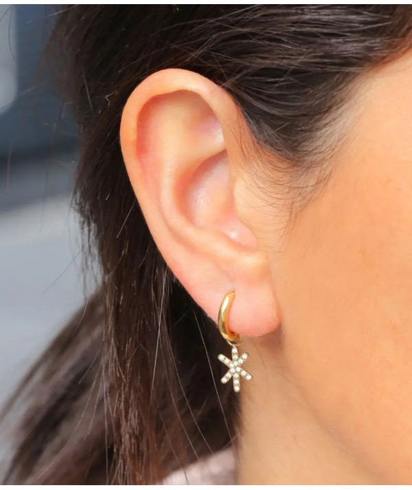 bouclesd d'oreilles Zag créoles acier dorée avec un pendentif flocon