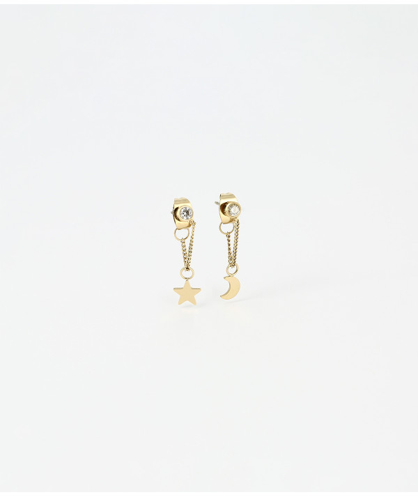 boucls d'oreilles Zag  pendentes avec chainette et étoile et une lune