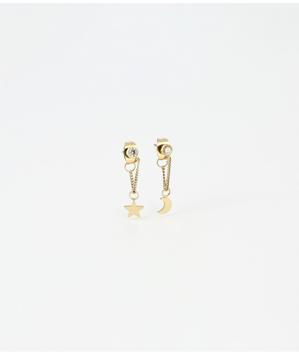 boucls d'oreilles Zag  pendentes avec chainette et étoile et une lune