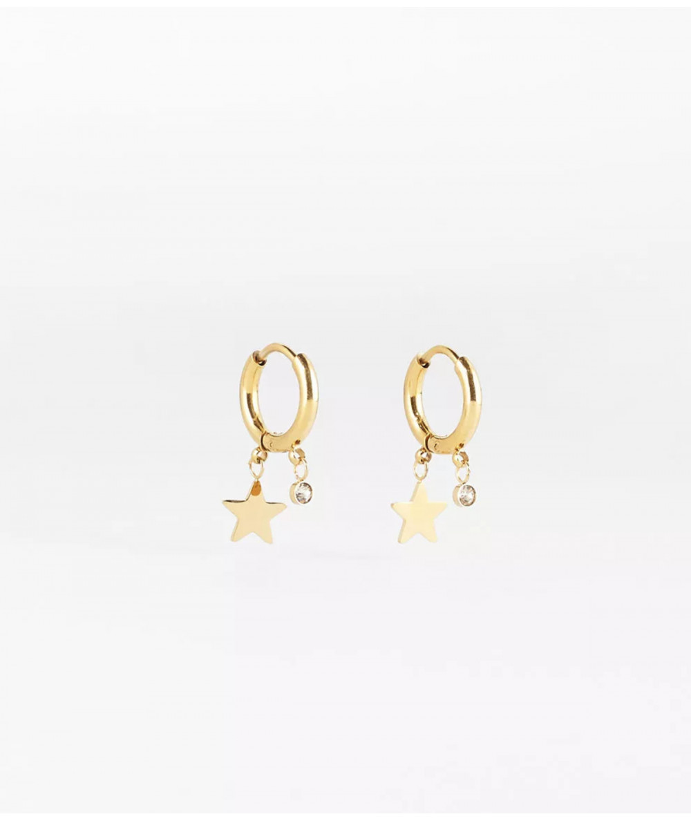 Boucles d'oreilles créoles  avec une étoile et un zirconium en acier doré Zag//Joly-PottuzMegève//