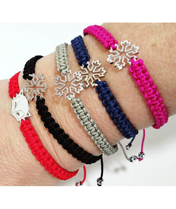 BRACELET CRISTAL de Neige or blanc ou or jaune  sur cordon tressé Fushia-bleu marine-kaki clair-noir-rouge