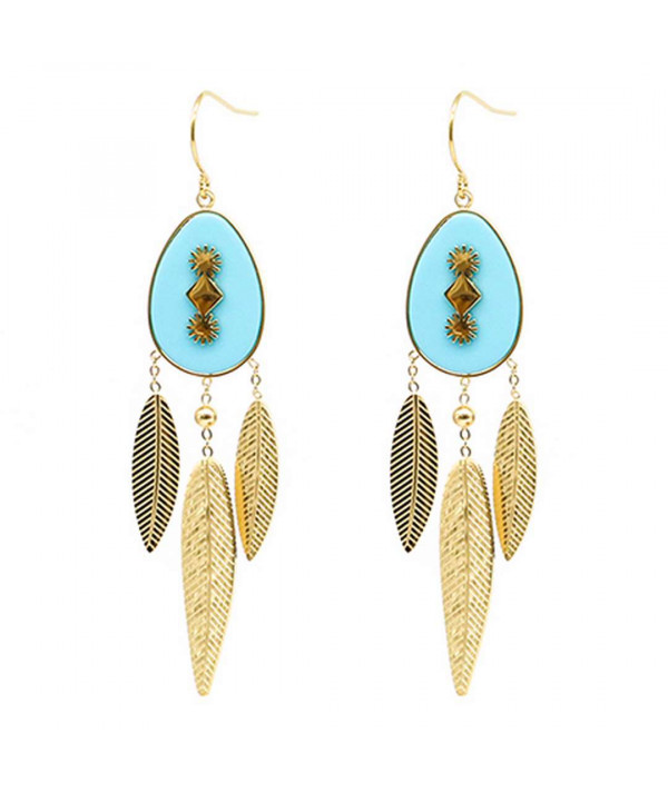 boucles d'oreilleq zag acier dorée pendentes  plumes couleur turquoise ou corne maron