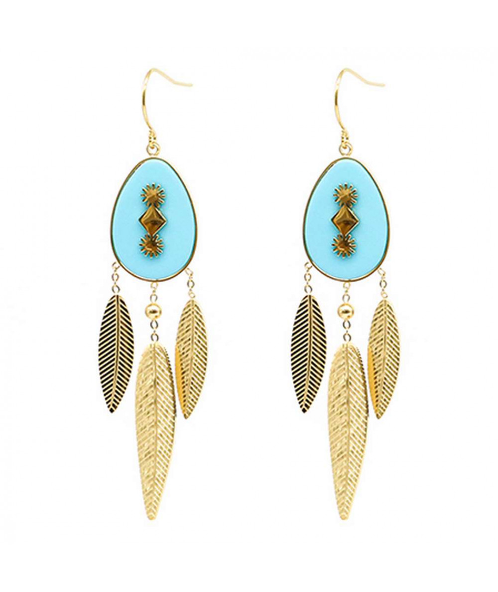 boucles d'oreilleq zag acier dorée pendentes  plumes couleur turquoise ou corne maron