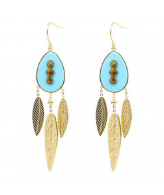 boucles d'oreilleq zag acier dorée pendentes  plumes couleur turquoise ou corne maron