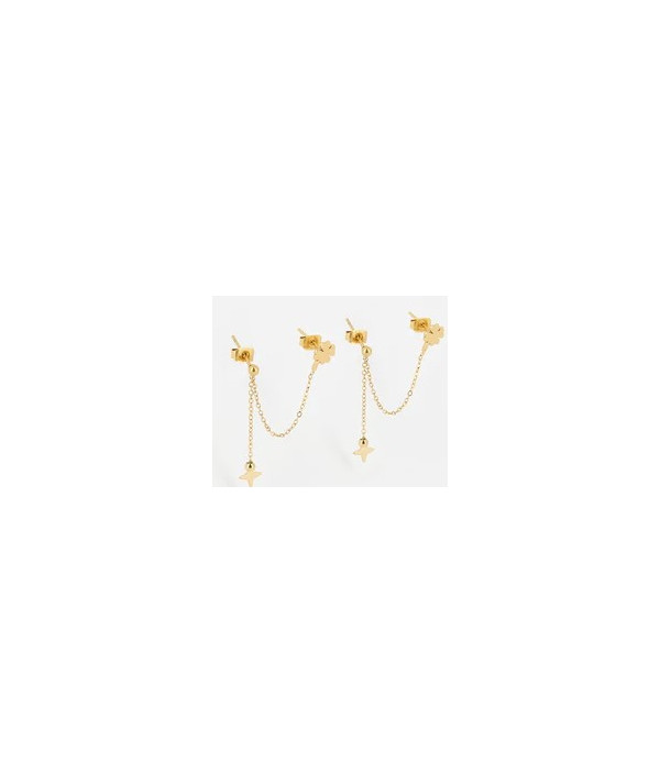boucles d'oreilles ZAG en acier doré  motif trèfle et étoile