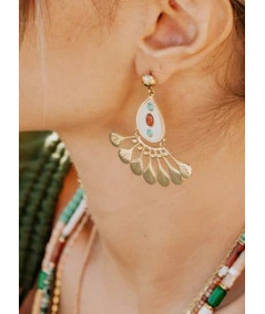 boucles d'oreilles pendentes Maya plume et pierres de couleurs ZAG