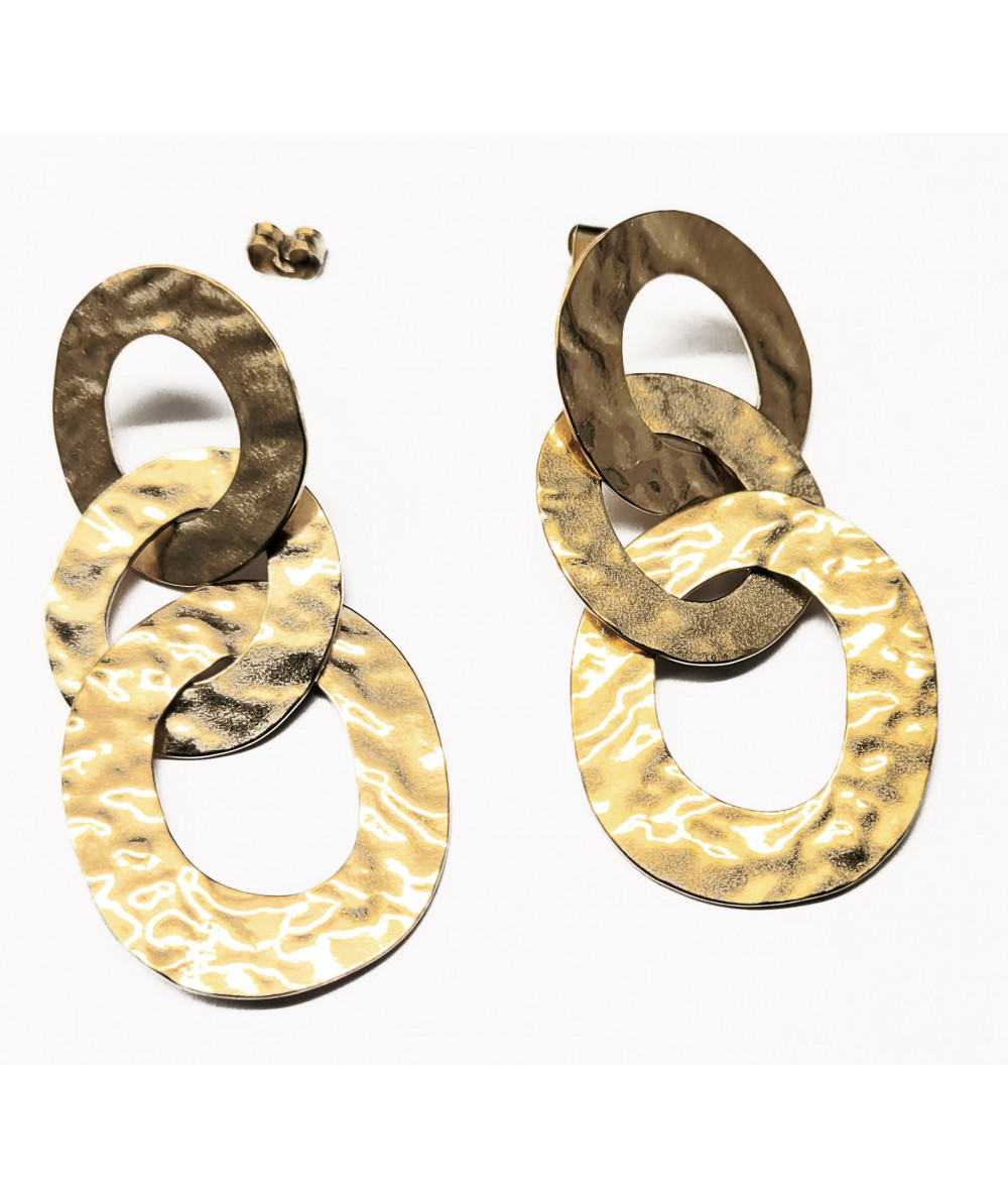 boucles d'oreilles acier doré Zag pendantes 3 anneaux entrelacés